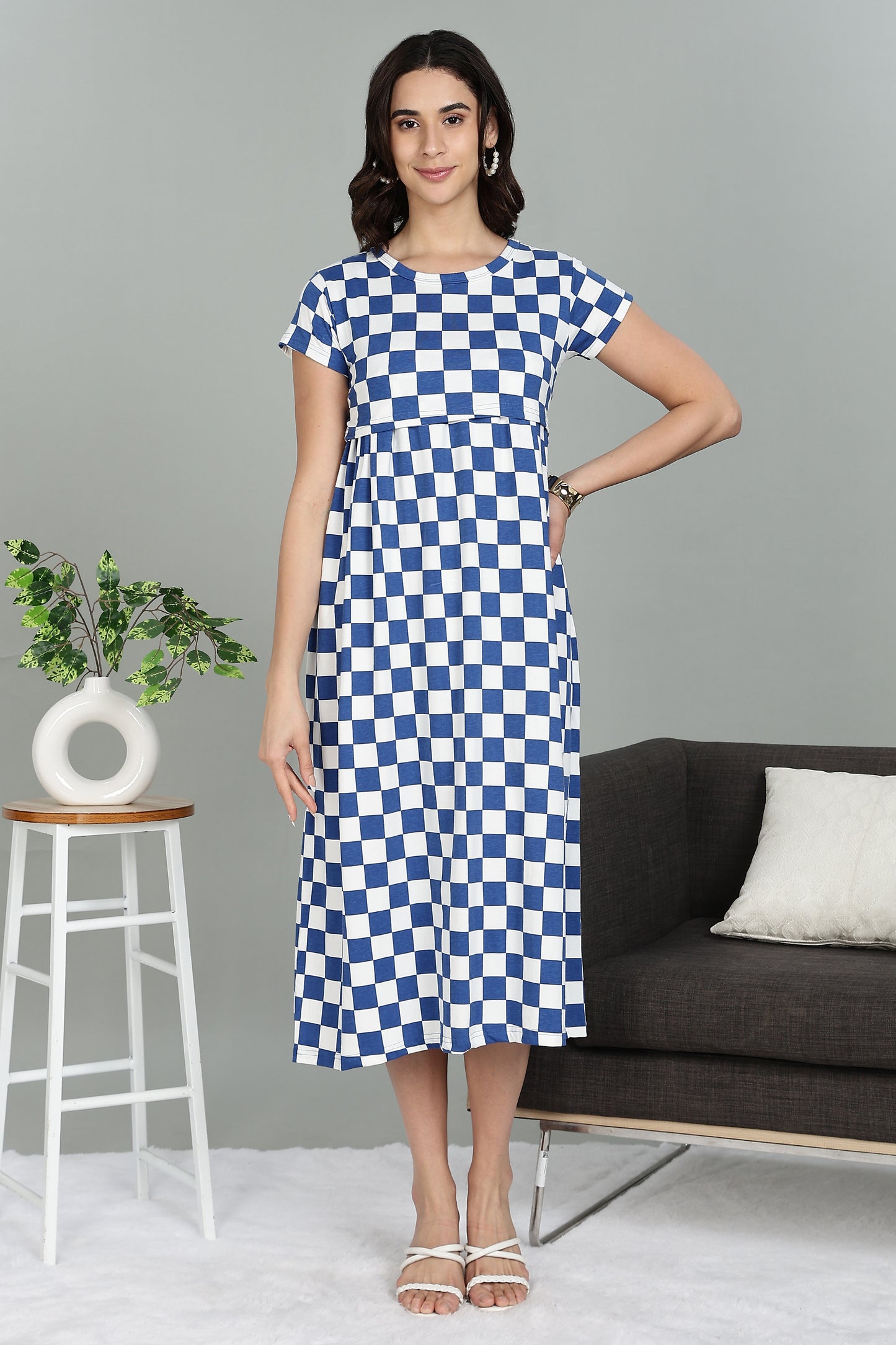 ZIPLESS MATERNITY WEAR |SHORTSLEEVE| AZURE CHECKERS