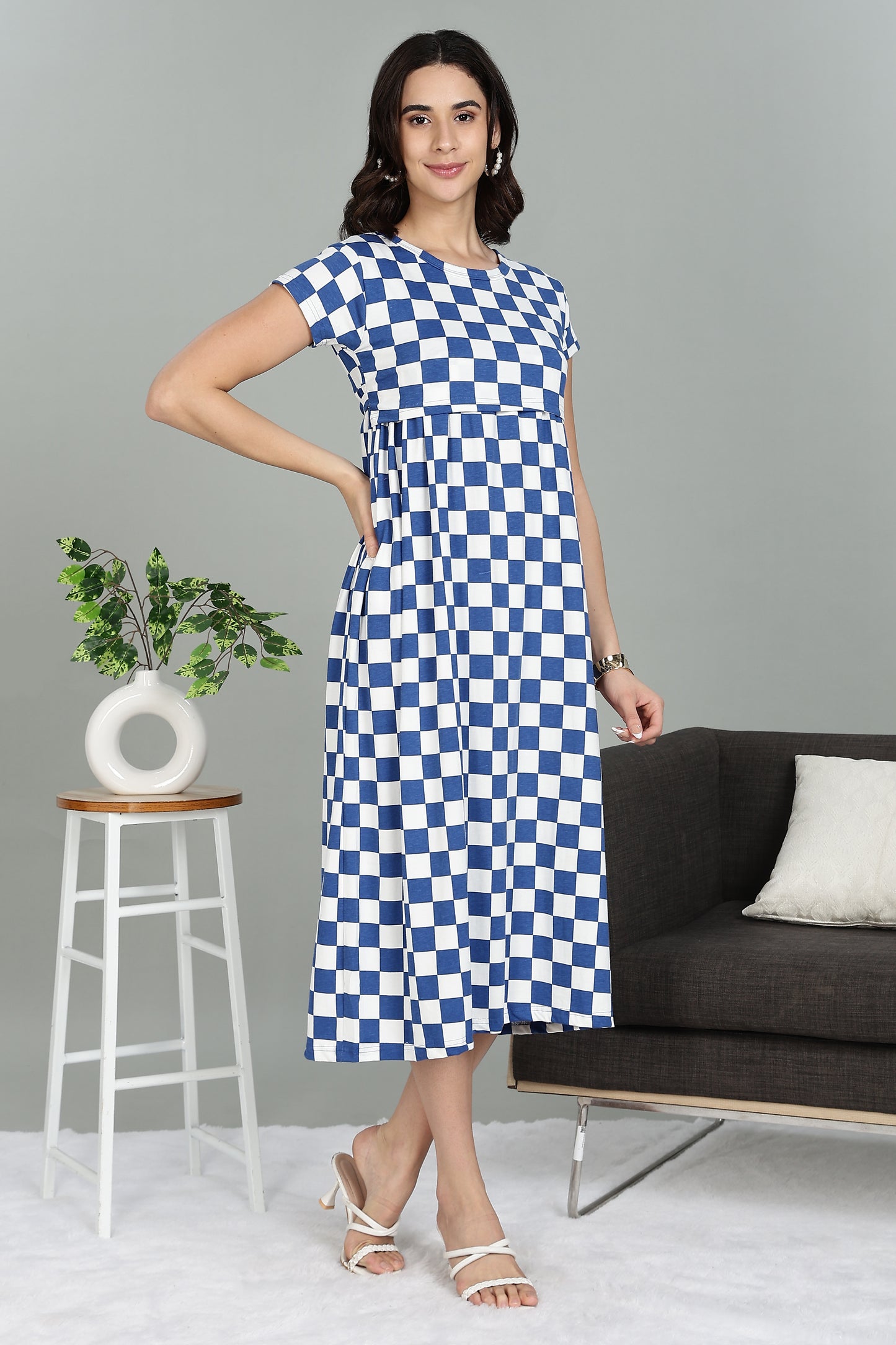 ZIPLESS MATERNITY WEAR |SHORTSLEEVE| AZURE CHECKERS