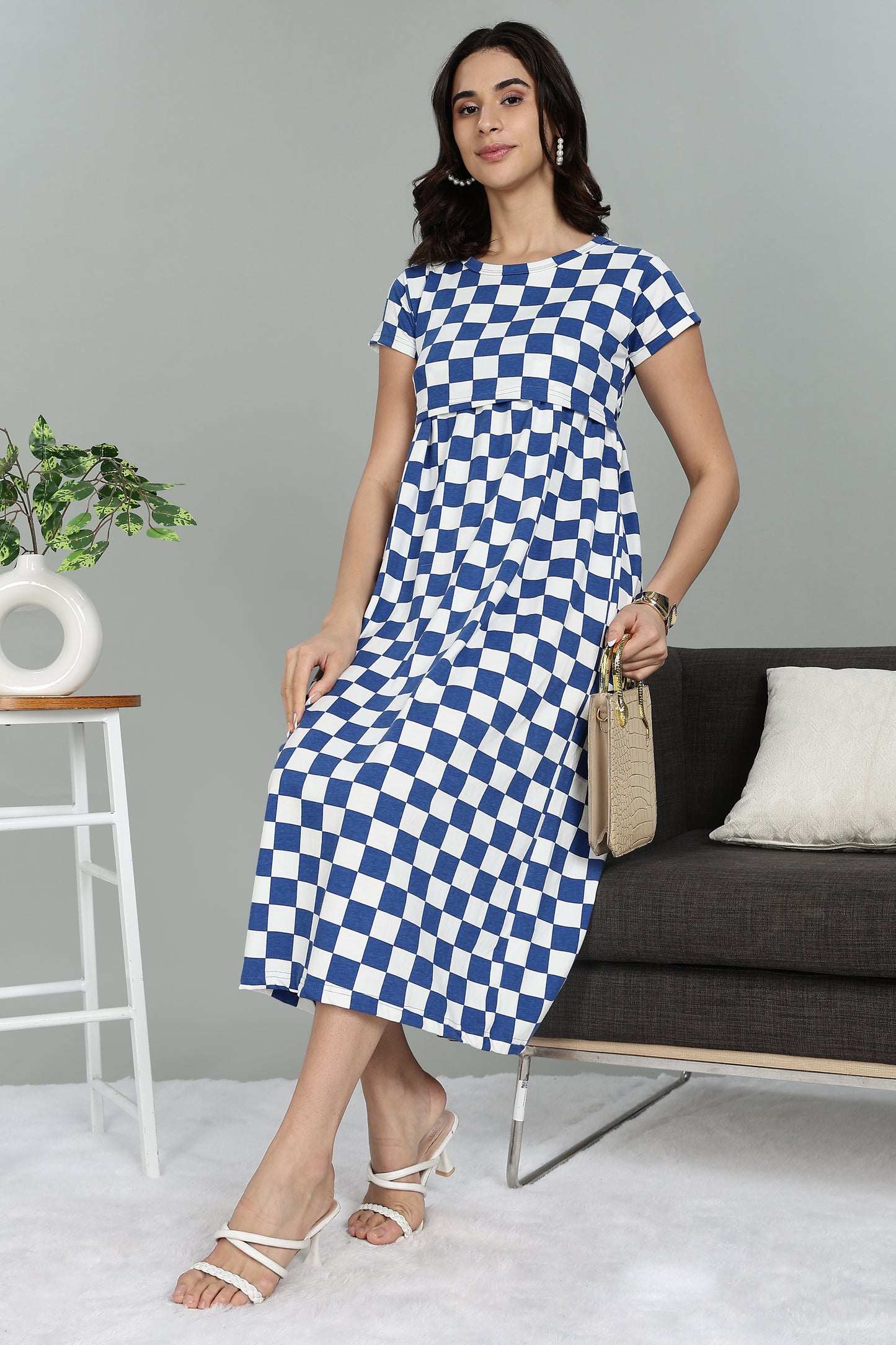 ZIPLESS MATERNITY WEAR |SHORTSLEEVE| AZURE CHECKERS