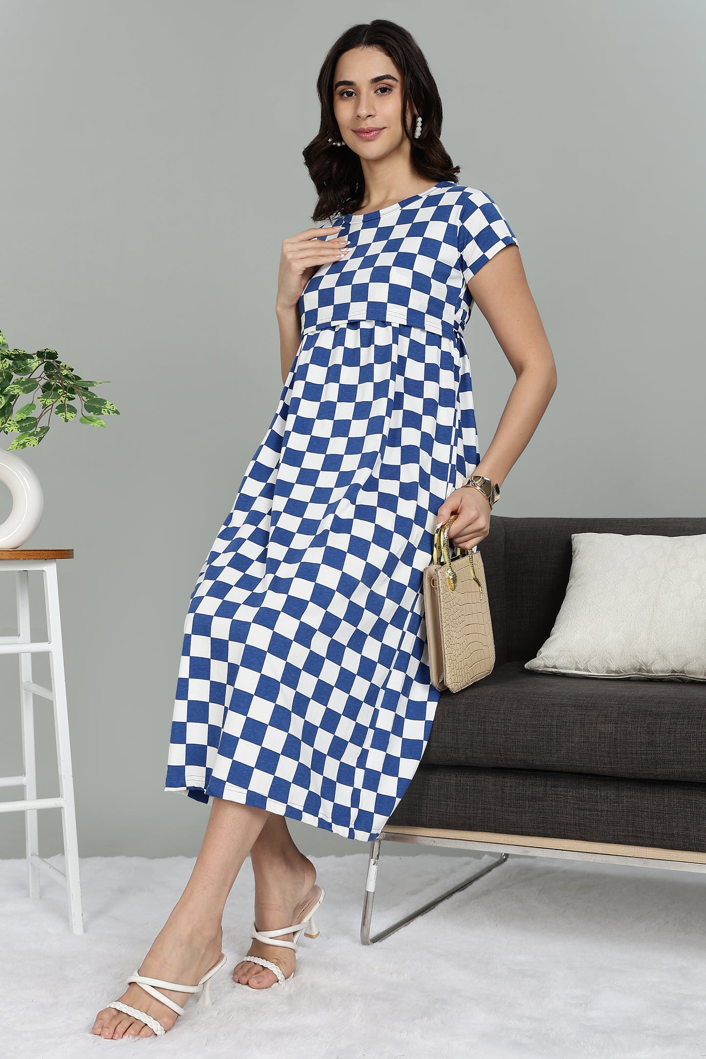 ZIPLESS MATERNITY WEAR |SHORTSLEEVE| AZURE CHECKERS