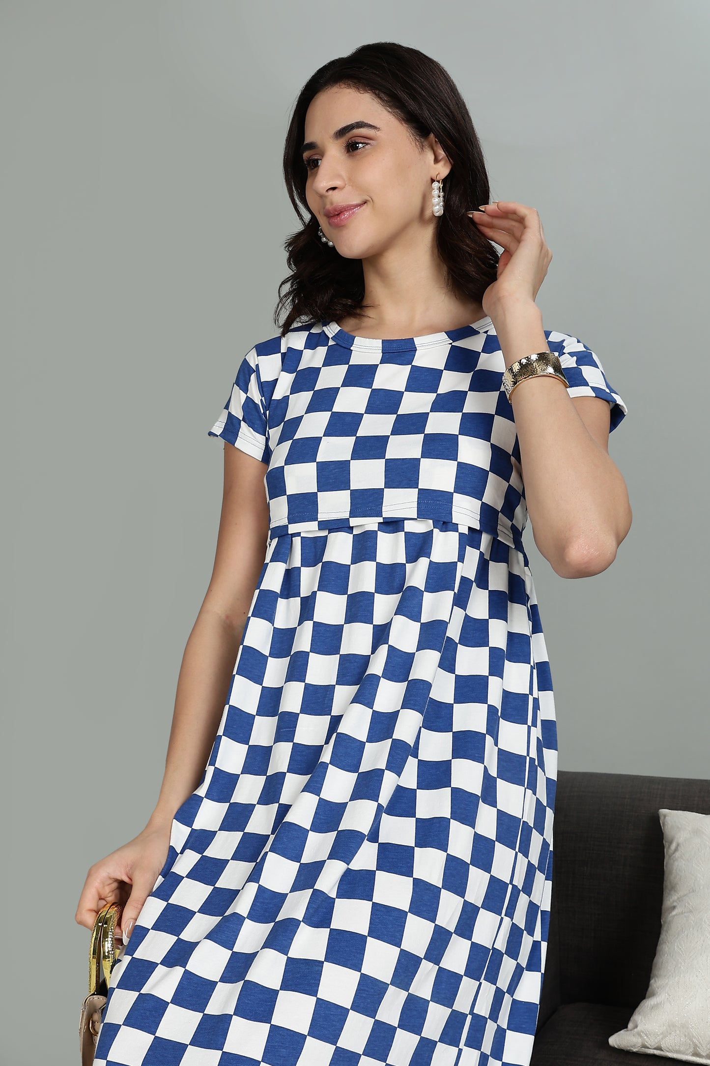 ZIPLESS MATERNITY WEAR |SHORTSLEEVE| AZURE CHECKERS