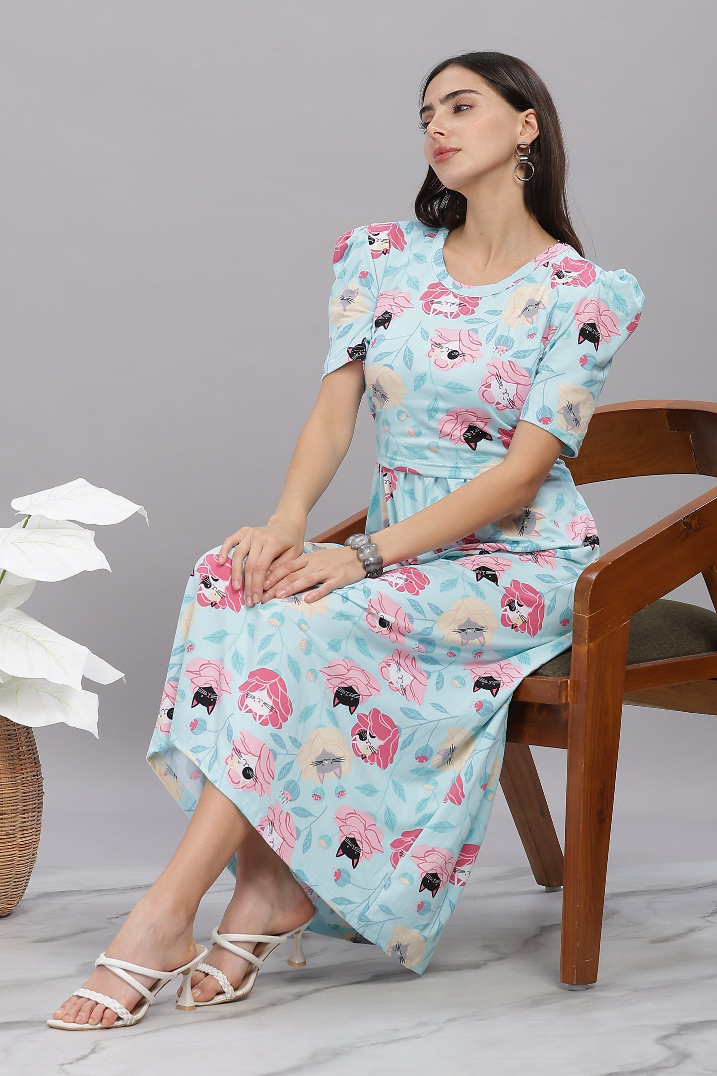 ZIPLESS MATERNITY WEAR PUFFSLEEVE - MEOW BLOSSOM ELEGANCE
