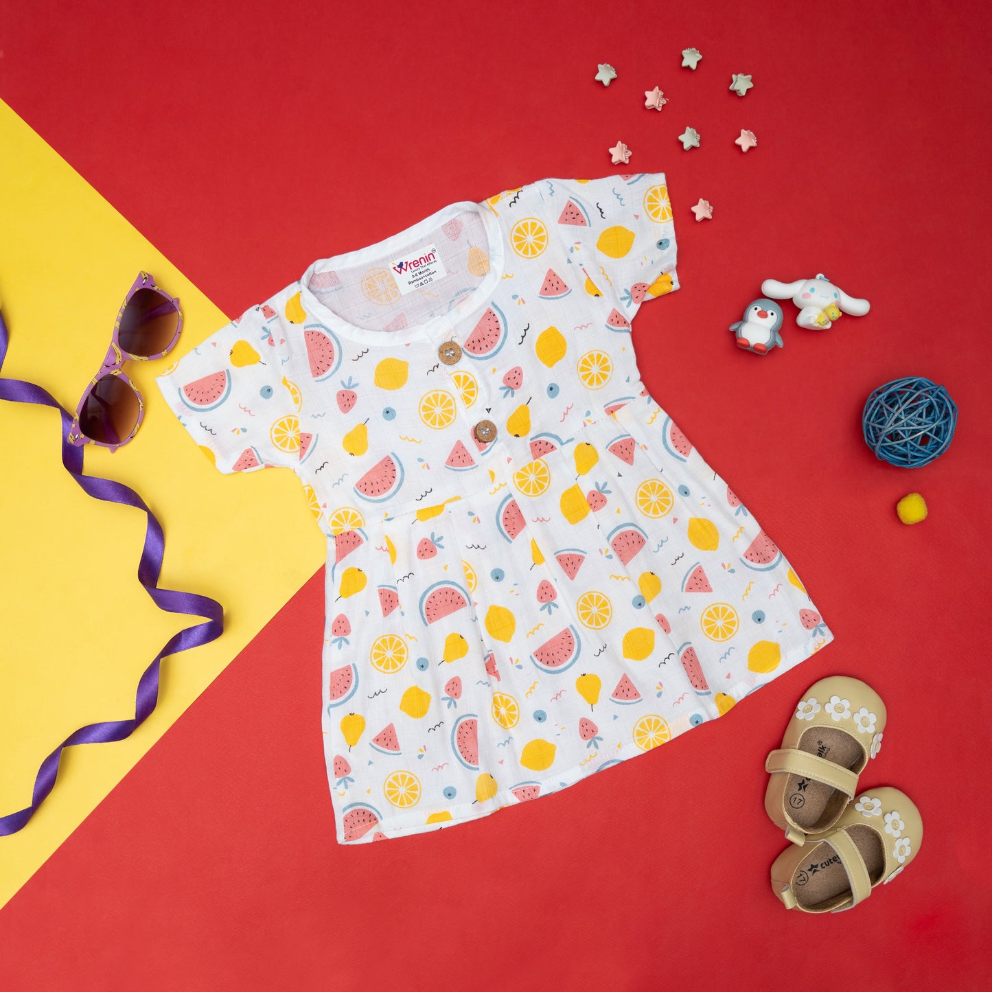 BAMBOO + ORGANIC - MUSLIN - FROCK SLEEVE - FRUIT FRENZY