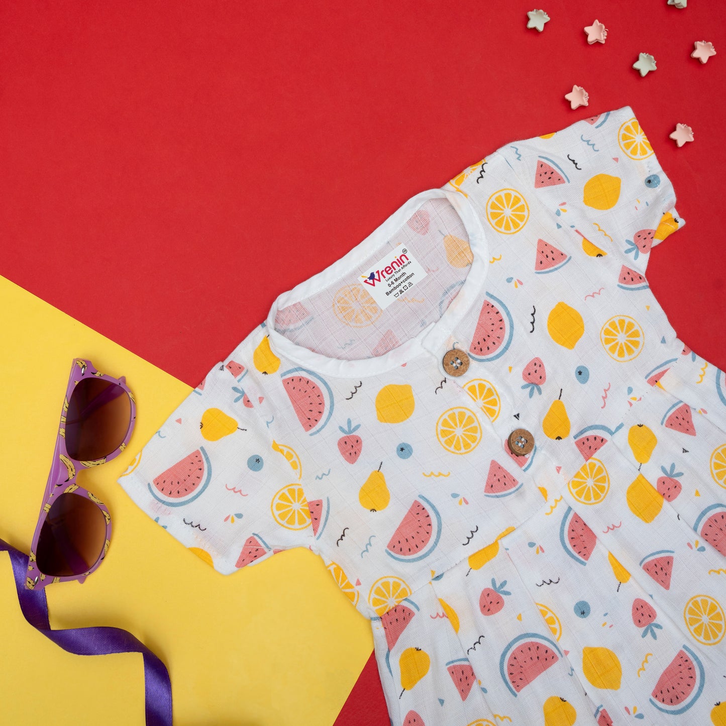 BAMBOO + ORGANIC - MUSLIN - FROCK SLEEVE - FRUIT FRENZY