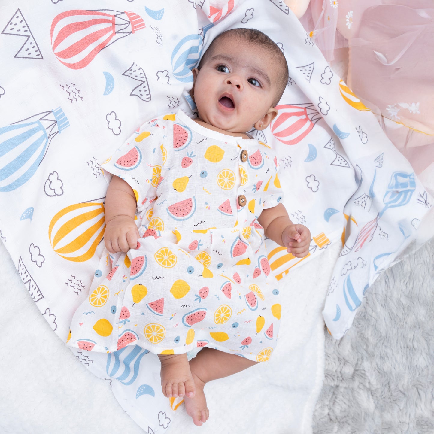 BAMBOO + ORGANIC - MUSLIN - FROCK SLEEVE - FRUIT FRENZY