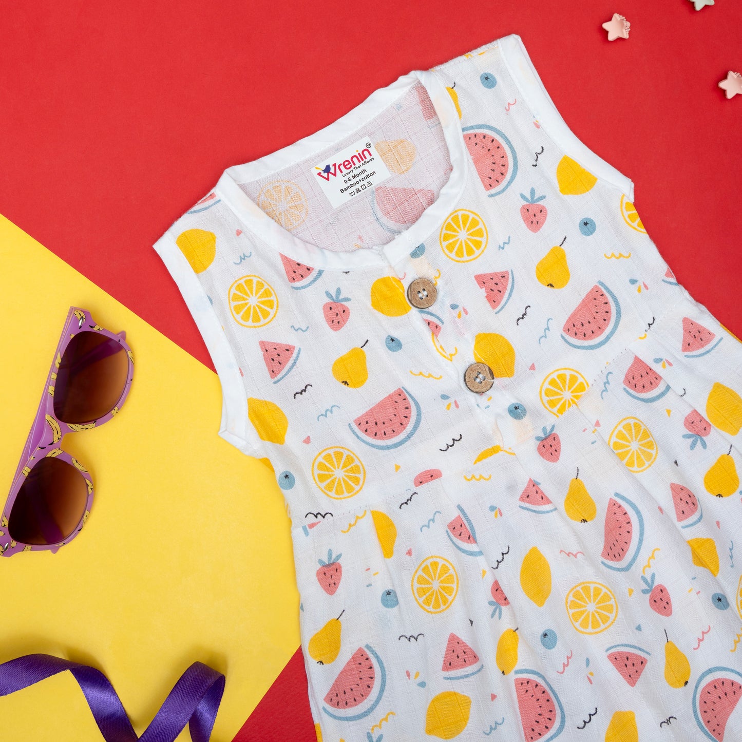 BAMBOO + ORGANIC - MUSLIN - FROCK SLEEVELESS - FRUIT FRENZY