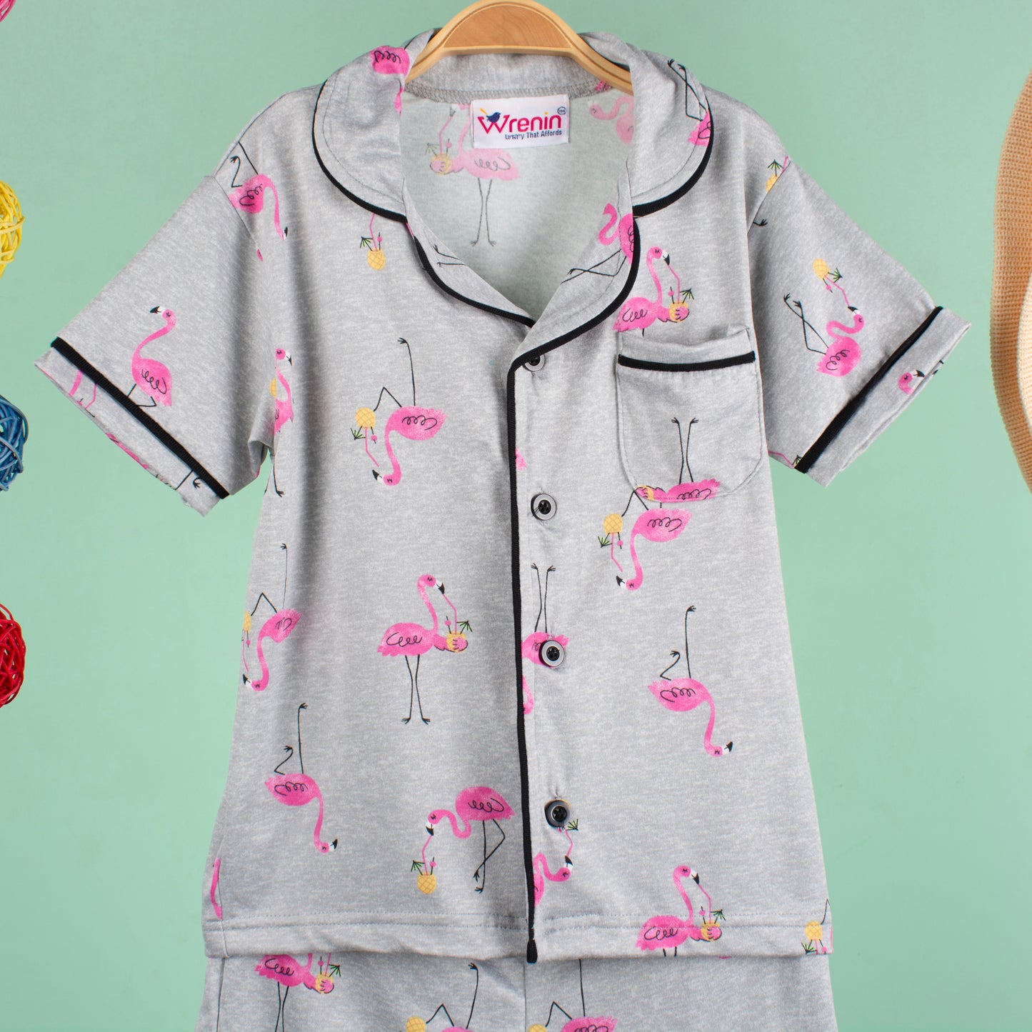 KIDS NIGHT SUITS TOP & SHORTS - DEWY FLAMINGO