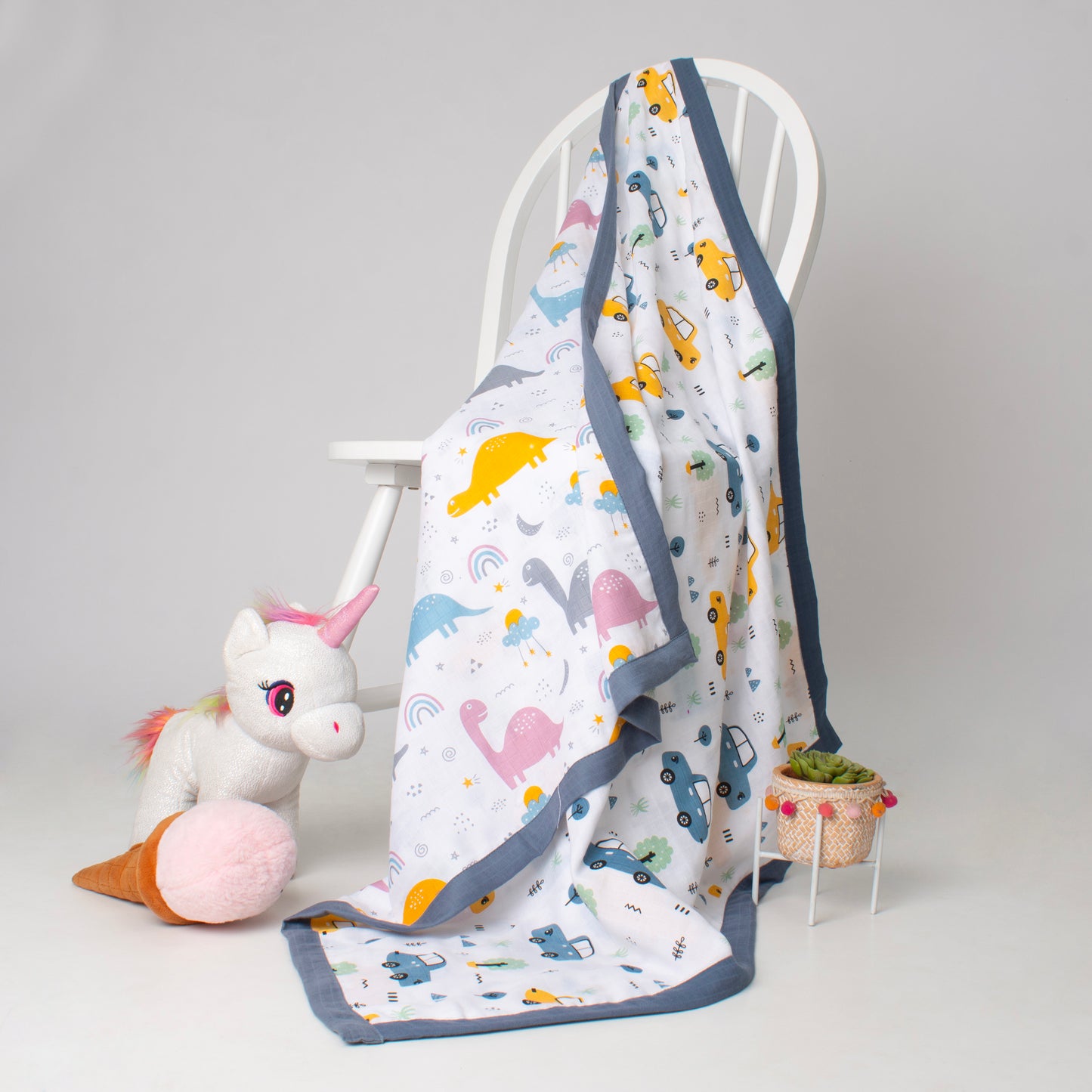 Muslin Two Sided Border Blanket - Starlit Dino Dreams & Vroom Vibes