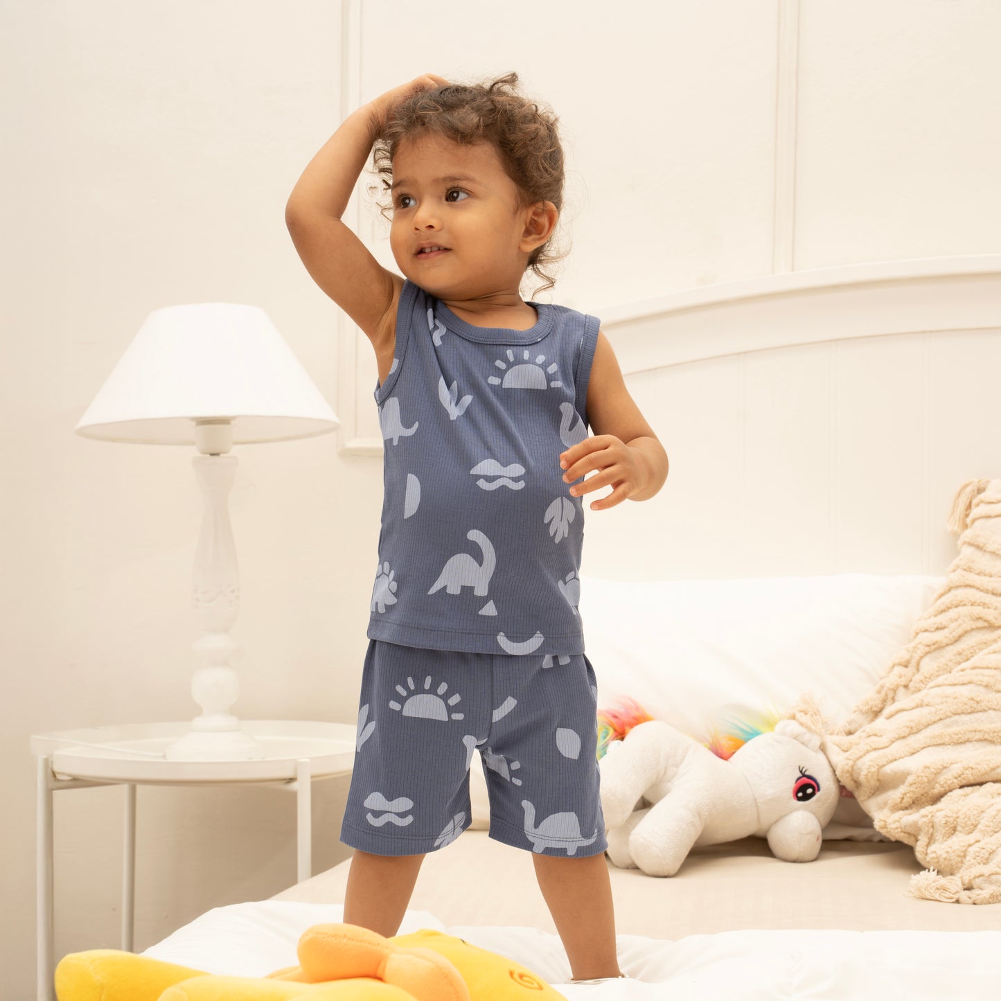 Coords Sleeveless 100% cotton cotton ribbed knit Cloud soft series - Blue Land Of Dinos