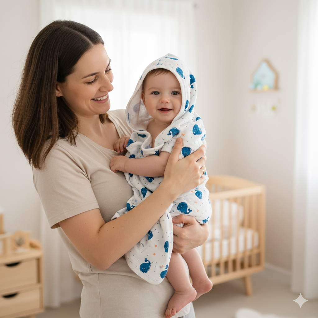 MUSLIN HOODED BLANKET  | 3 LAYER  | OCEAN MAJESTY