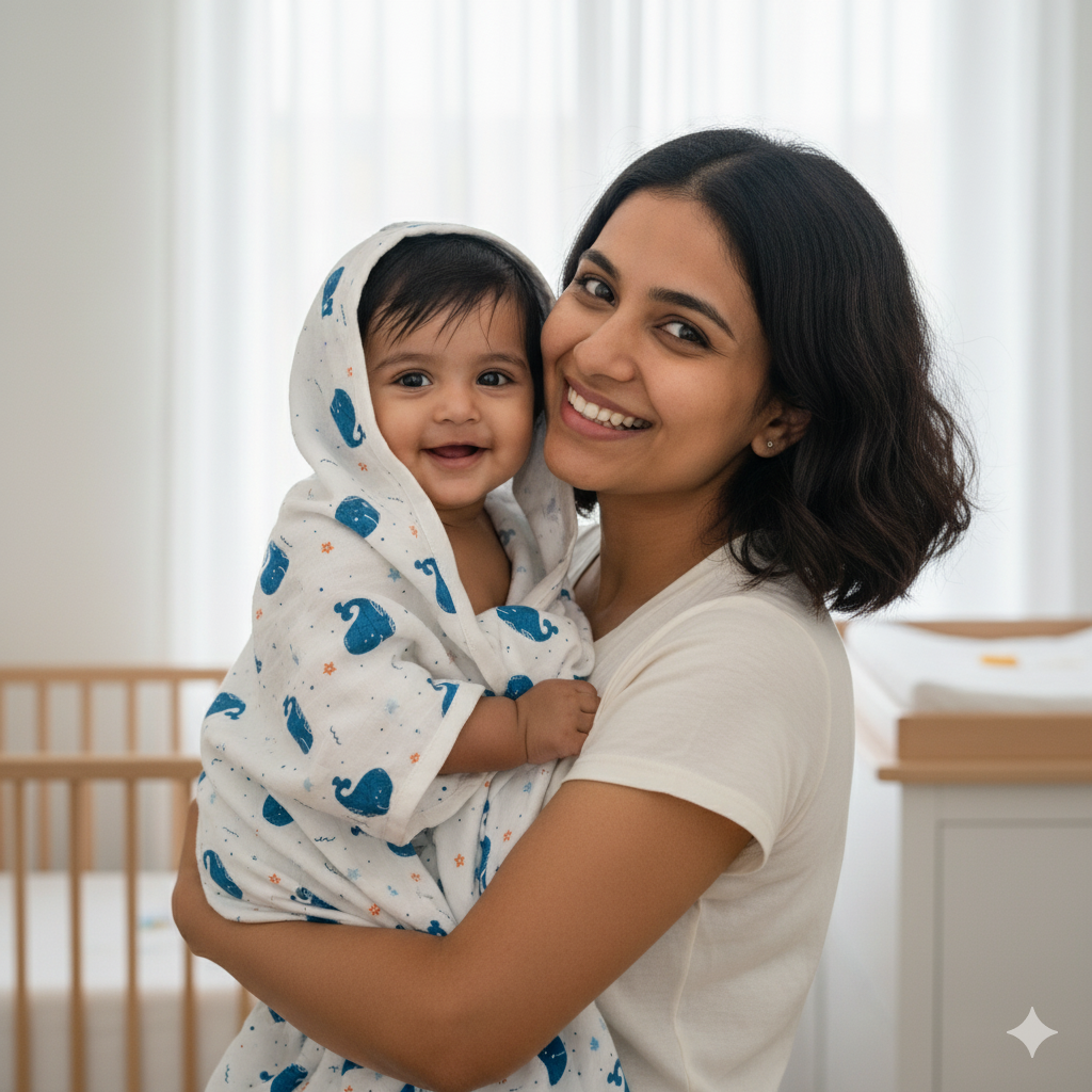 MUSLIN HOODED BLANKET  | 3 LAYER  | OCEAN MAJESTY