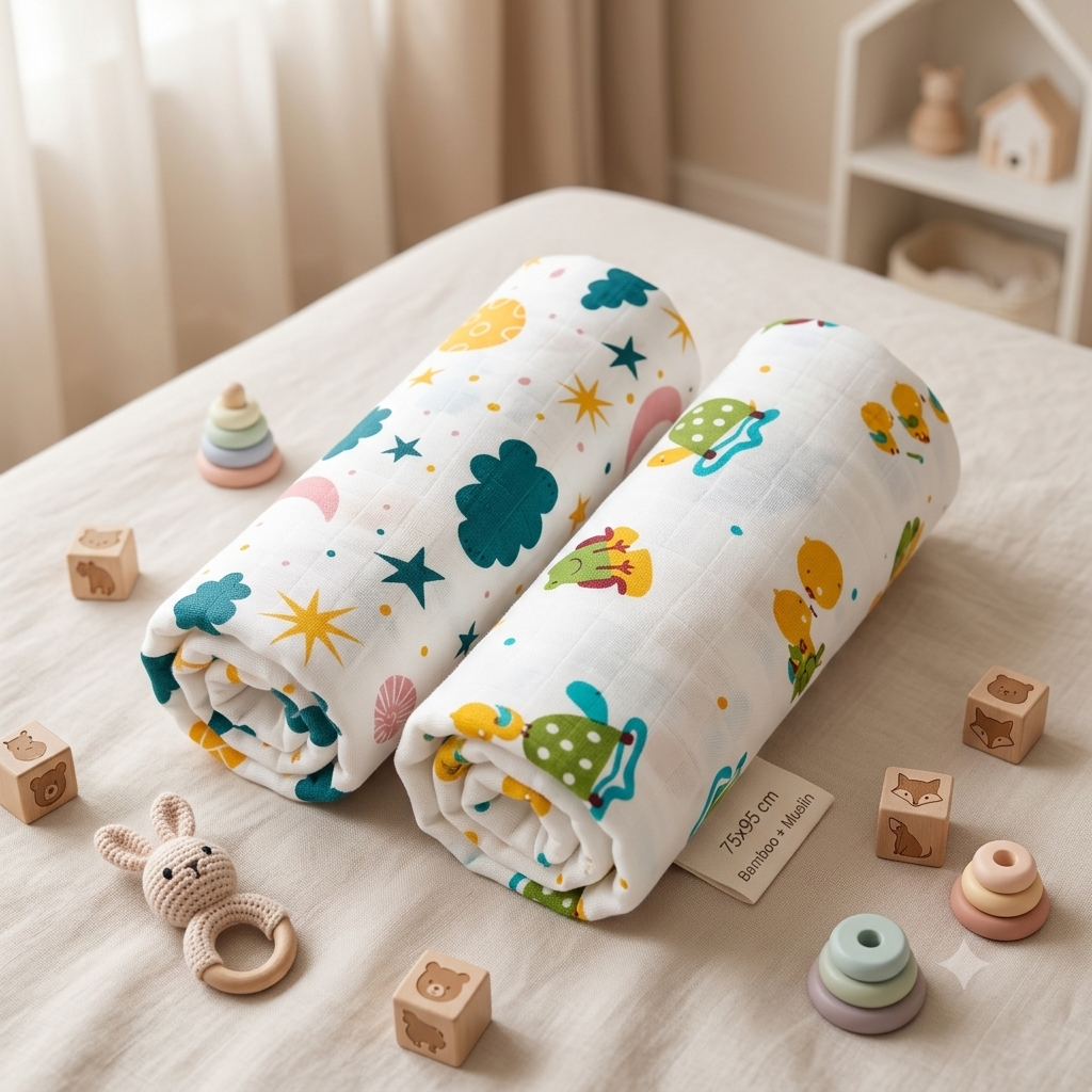 COMBO of 2 Bamboo Muslin Towel | 75×95 cm | GOTS Certified| Random cute prints