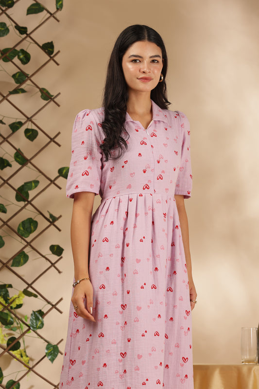 CLOUD SOFT ZIP & GO DRESS| MUSLIN | CENTER ZIP| ADJUSTABLE KNOT |FEEDING FRIENDLY| HEARTELLE