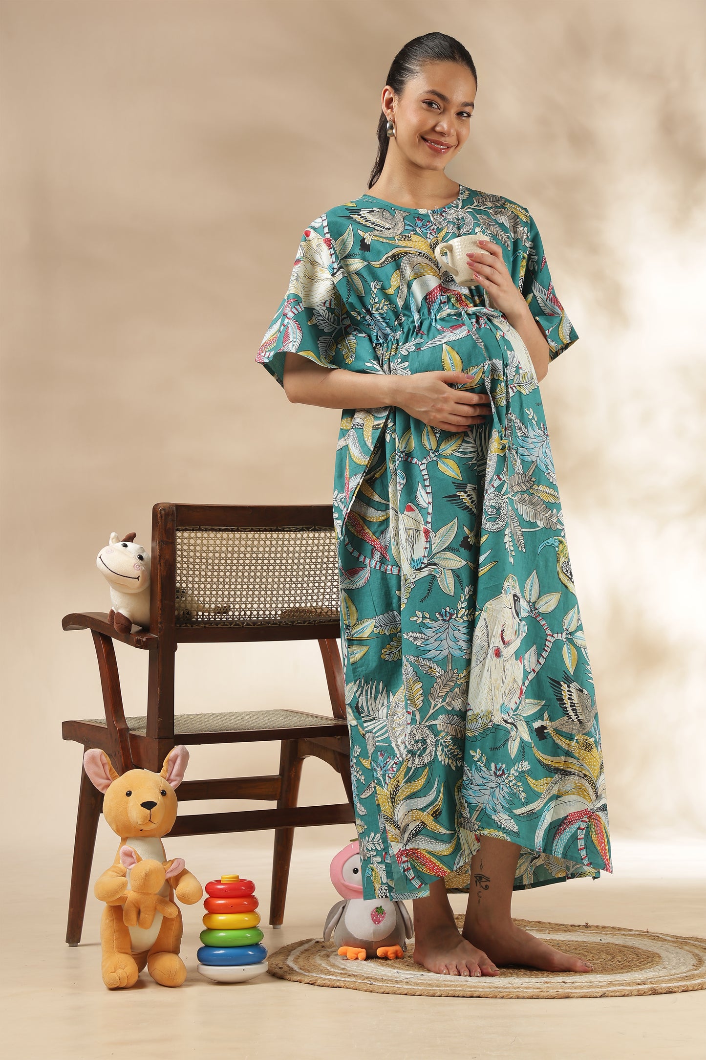 KAFTAN MATERNITY| 100% JAIPUR COTTON | INVISIBLE ZIP | ADJUSTABLE FIT | FREE SIZE| TEAL AURA