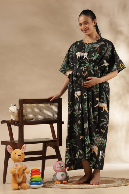 KAFTAN MATERNITY| 100% JAIPUR COTTON | INVISIBLE ZIP | ADJUSTABLE FIT | FREE SIZE| MIDNIGHT SAFARI