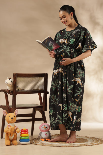 KAFTAN MATERNITY| 100% JAIPUR COTTON | INVISIBLE ZIP | ADJUSTABLE FIT | FREE SIZE| MIDNIGHT SAFARI