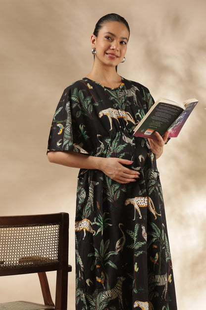 KAFTAN MATERNITY| 100% JAIPUR COTTON | INVISIBLE ZIP | ADJUSTABLE FIT | FREE SIZE| MIDNIGHT SAFARI