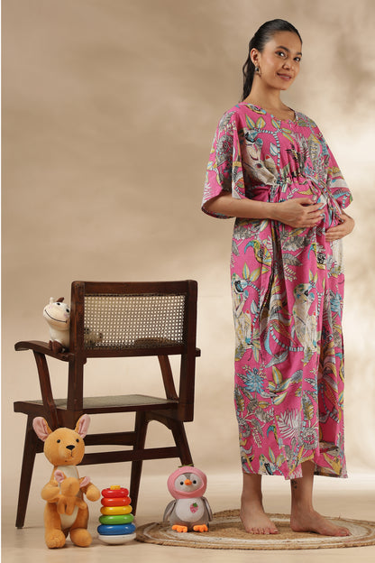 KAFTAN MATERNITY| 100% JAIPUR COTTON | INVISIBLE ZIP | ADJUSTABLE FIT | FREE SIZE| PINK PARADISE