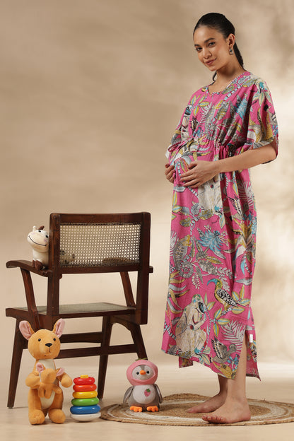 KAFTAN MATERNITY| 100% JAIPUR COTTON | INVISIBLE ZIP | ADJUSTABLE FIT | FREE SIZE| PINK PARADISE