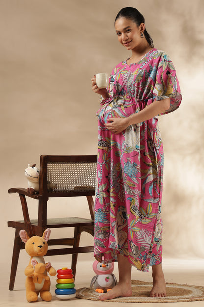 KAFTAN MATERNITY| 100% JAIPUR COTTON | INVISIBLE ZIP | ADJUSTABLE FIT | FREE SIZE| PINK PARADISE