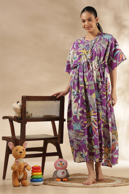 KAFTAN MATERNITY| 100% JAIPUR COTTON | INVISIBLE ZIP | ADJUSTABLE FIT | FREE SIZE| LILAC JUNGLE