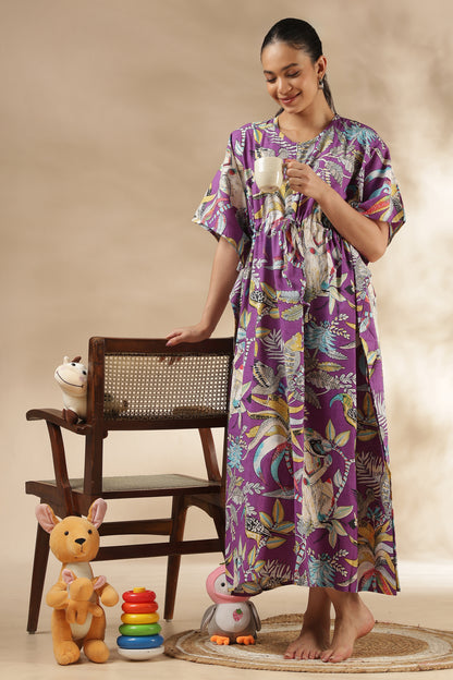 KAFTAN MATERNITY| 100% JAIPUR COTTON | INVISIBLE ZIP | ADJUSTABLE FIT | FREE SIZE| LILAC JUNGLE
