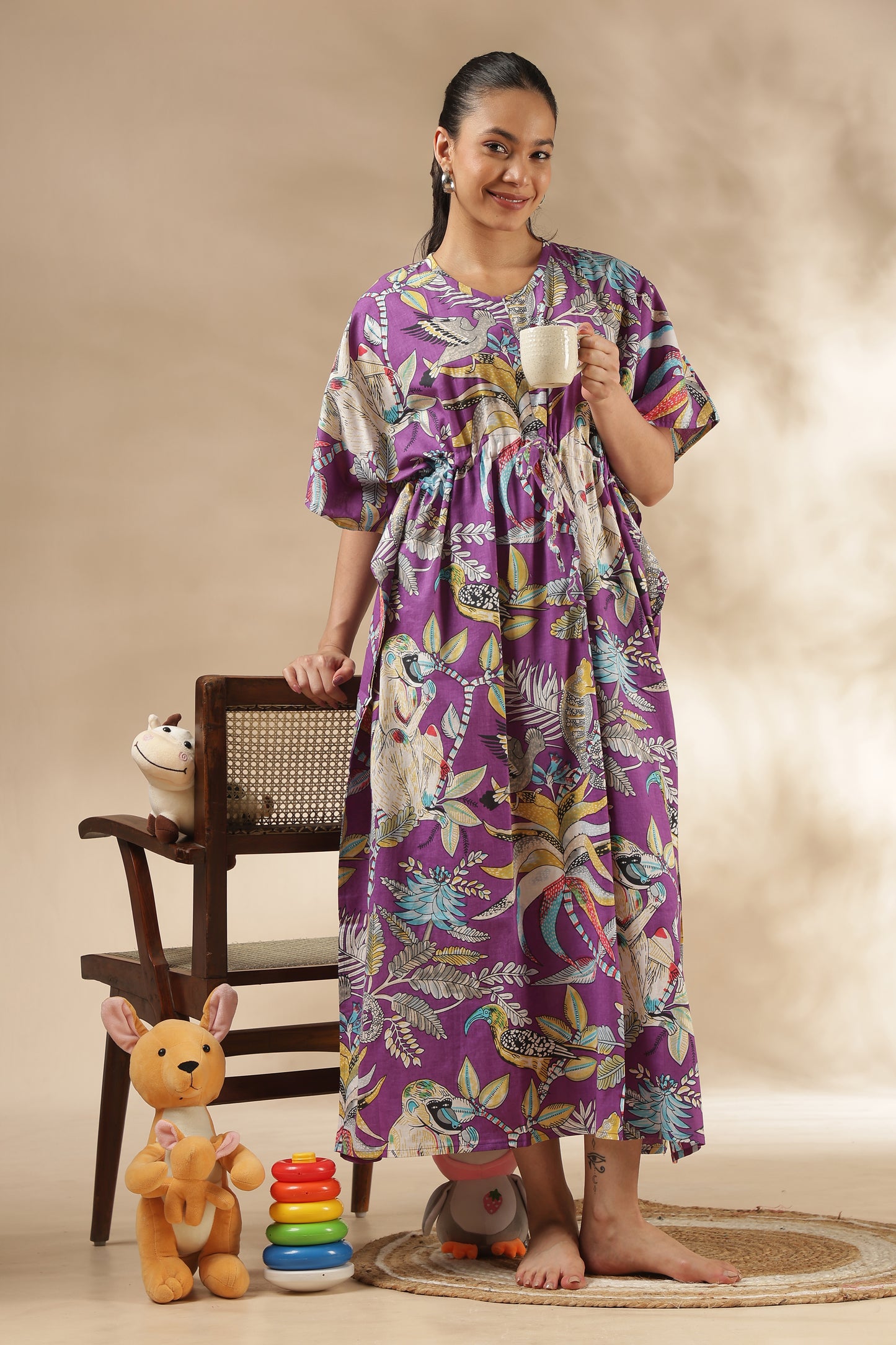 KAFTAN MATERNITY| 100% JAIPUR COTTON | INVISIBLE ZIP | ADJUSTABLE FIT | FREE SIZE| LILAC JUNGLE