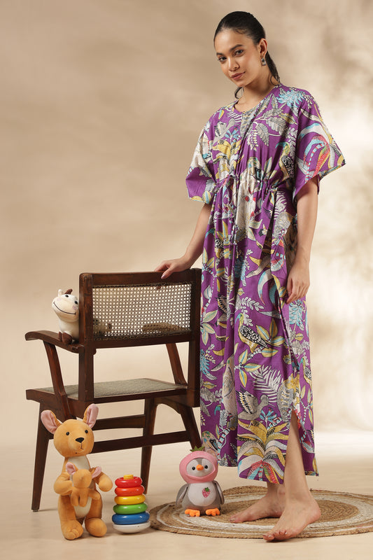 KAFTAN MATERNITY| 100% JAIPUR COTTON | INVISIBLE ZIP | ADJUSTABLE FIT | FREE SIZE| LILAC JUNGLE