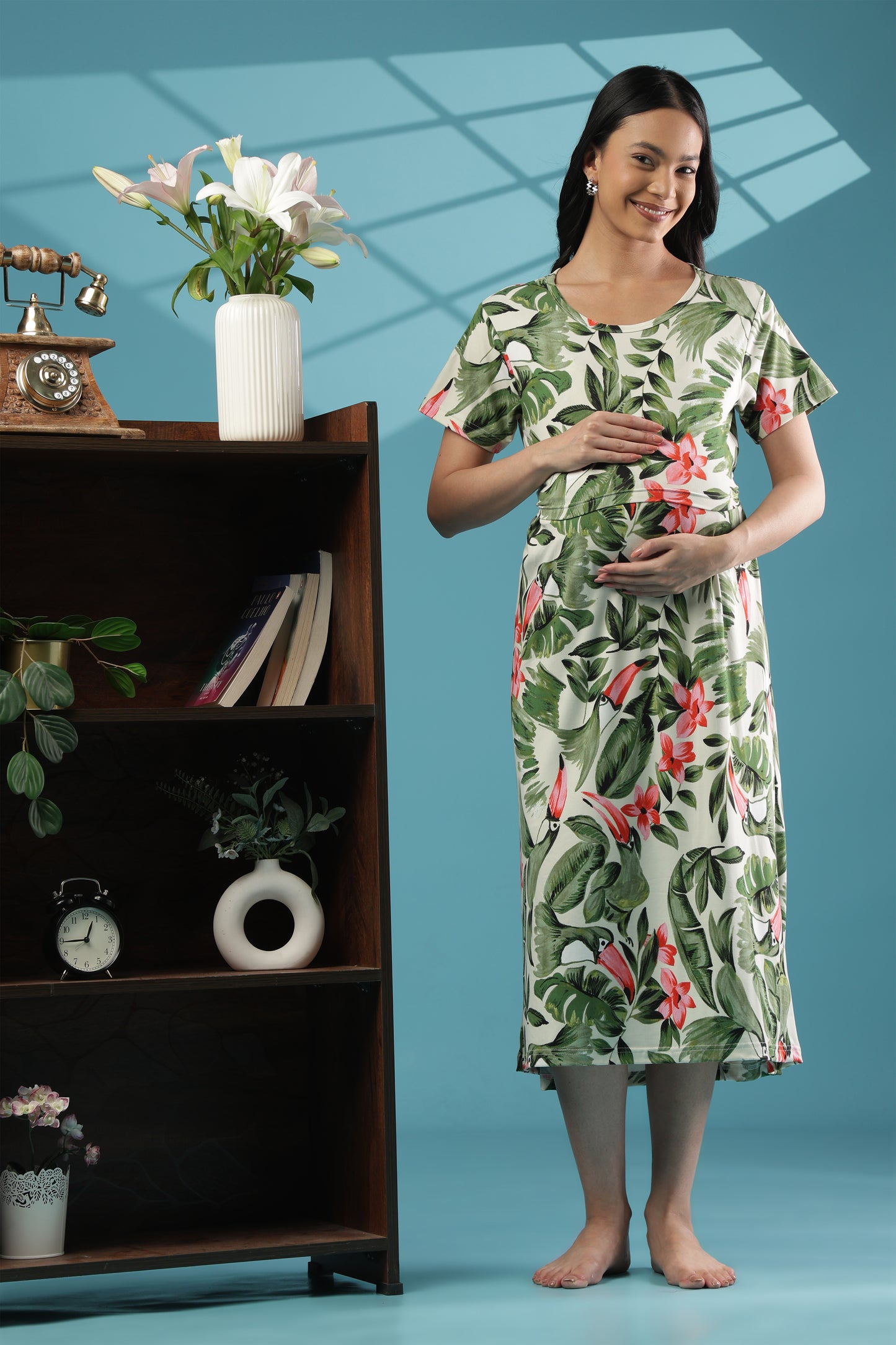 ZIPLESS MATERNITY WEAR | CALF LENGTH |SHORT SLEEVE | SPUN | CORAL BLOOM