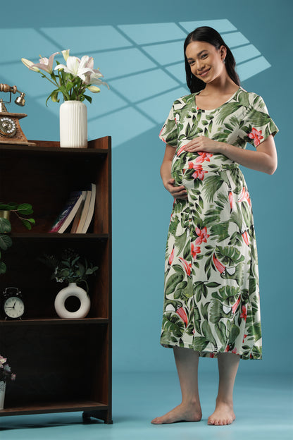 ZIPLESS MATERNITY WEAR | CALF LENGTH |SHORT SLEEVE | SPUN | CORAL BLOOM