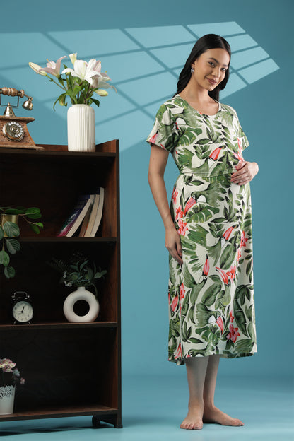 ZIPLESS MATERNITY WEAR | CALF LENGTH |SHORT SLEEVE | SPUN | CORAL BLOOM