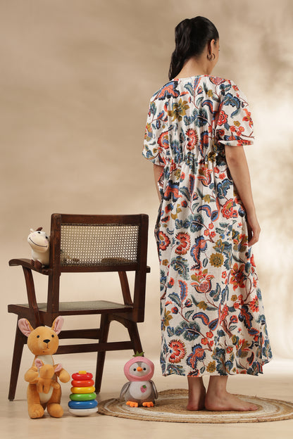 KAFTAN MATERNITY| 100% JAIPUR COTTON | INVISIBLE ZIP | ADJUSTABLE FIT | FREE SIZE| IVORY BLOOM