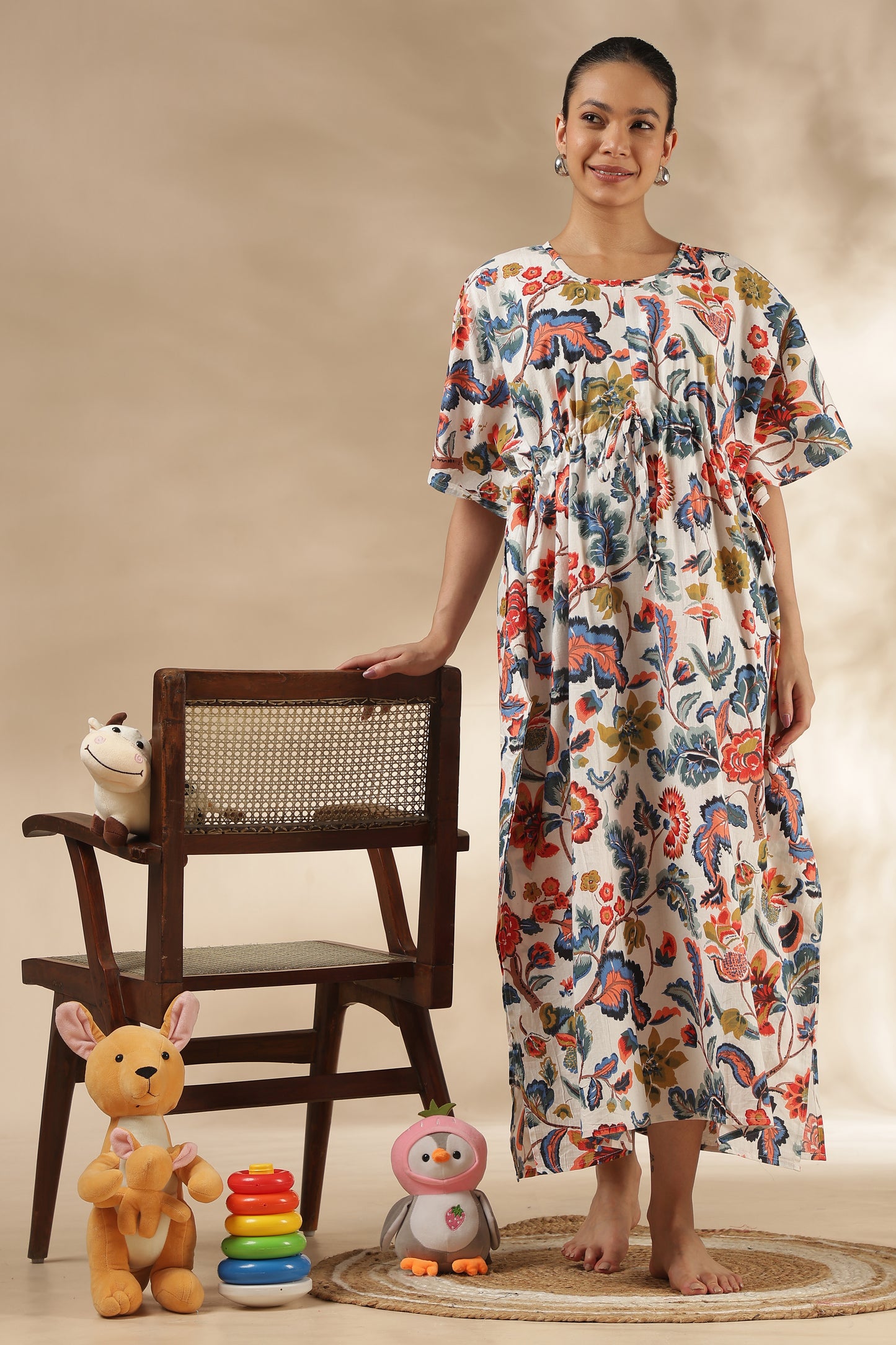 KAFTAN MATERNITY| 100% JAIPUR COTTON | INVISIBLE ZIP | ADJUSTABLE FIT | FREE SIZE| IVORY BLOOM