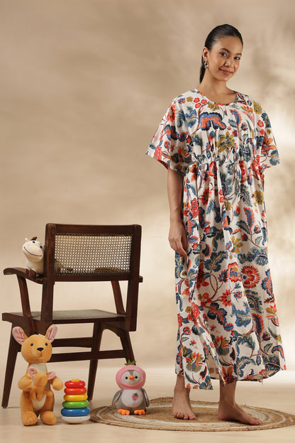 KAFTAN MATERNITY| 100% JAIPUR COTTON | INVISIBLE ZIP | ADJUSTABLE FIT | FREE SIZE| IVORY BLOOM