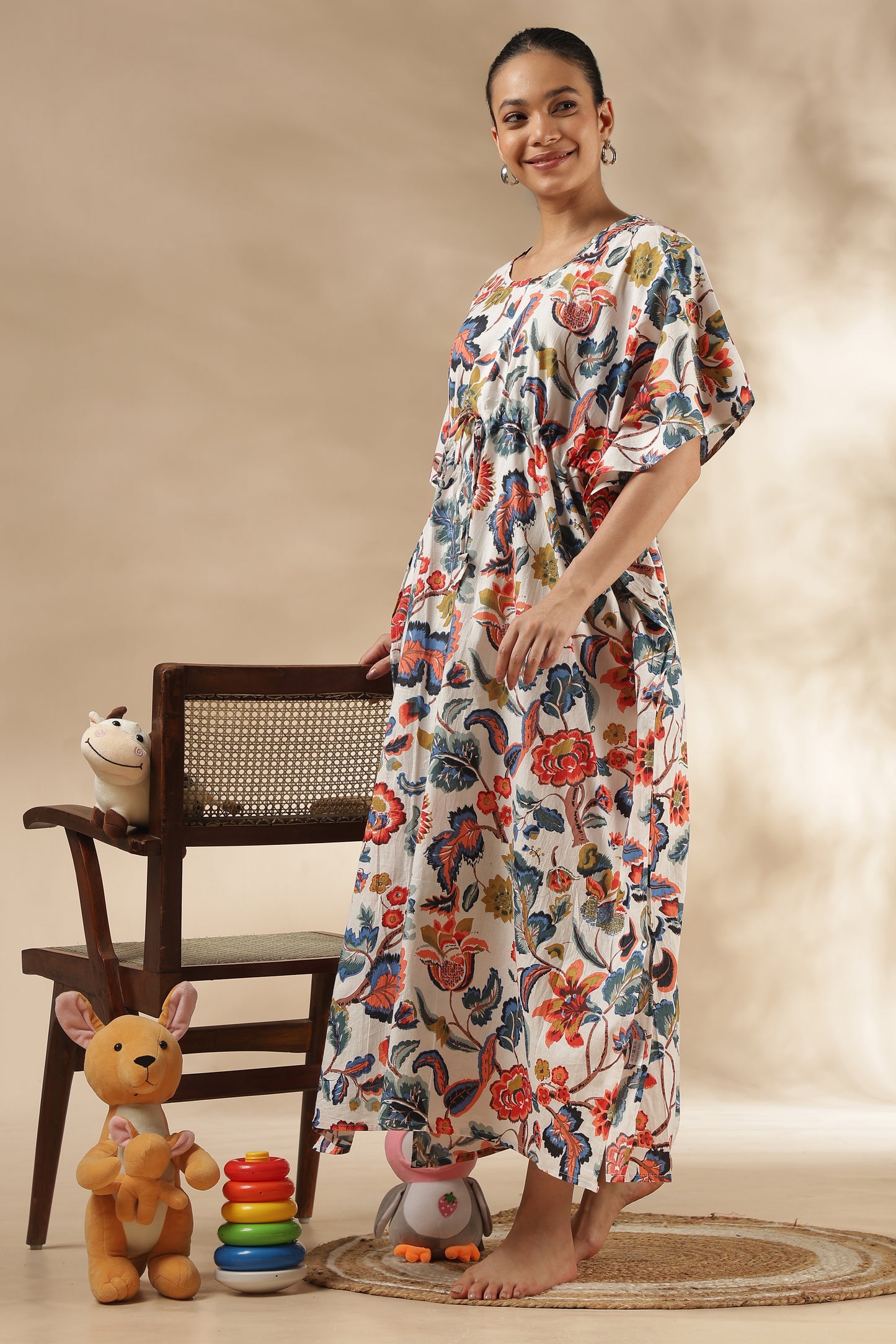 KAFTAN MATERNITY| 100% JAIPUR COTTON | INVISIBLE ZIP | ADJUSTABLE FIT | FREE SIZE| IVORY BLOOM