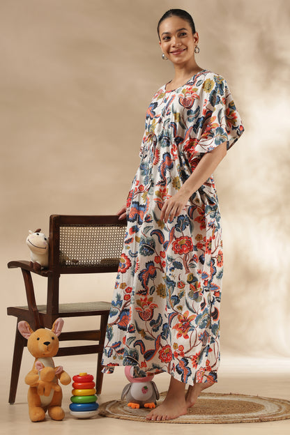 KAFTAN MATERNITY| 100% JAIPUR COTTON | INVISIBLE ZIP | ADJUSTABLE FIT | FREE SIZE| IVORY BLOOM