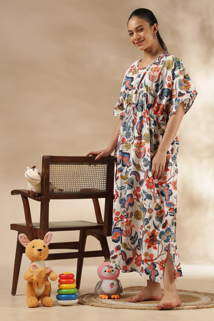 KAFTAN MATERNITY| 100% JAIPUR COTTON | INVISIBLE ZIP | ADJUSTABLE FIT | FREE SIZE| IVORY BLOOM