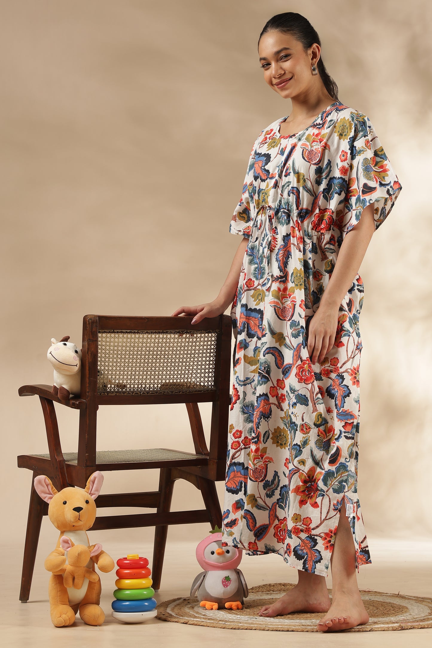 KAFTAN MATERNITY| 100% JAIPUR COTTON | INVISIBLE ZIP | ADJUSTABLE FIT | FREE SIZE| IVORY BLOOM