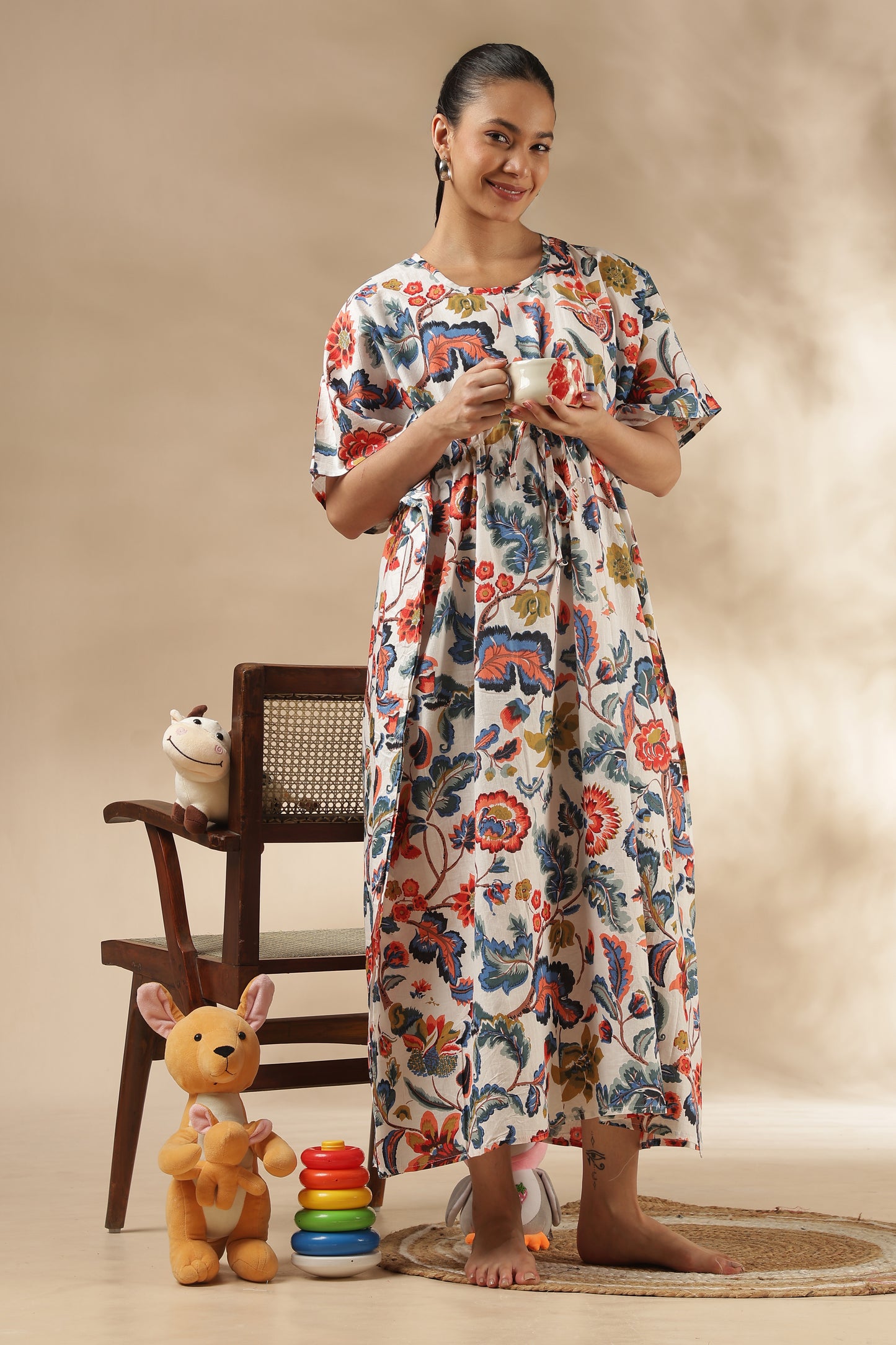 KAFTAN MATERNITY| 100% JAIPUR COTTON | INVISIBLE ZIP | ADJUSTABLE FIT | FREE SIZE| IVORY BLOOM
