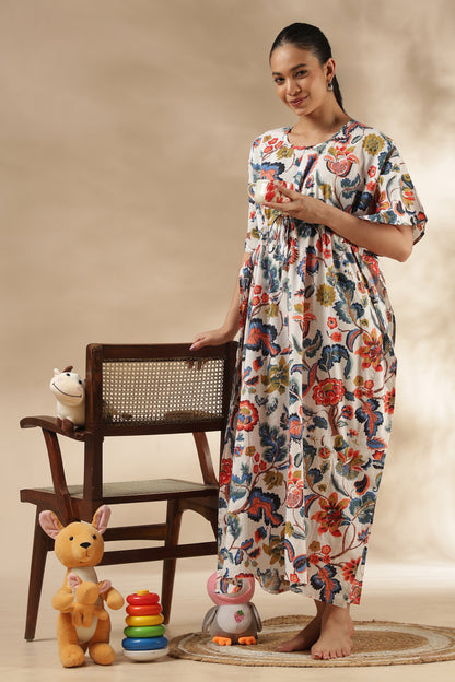 KAFTAN MATERNITY| 100% JAIPUR COTTON | INVISIBLE ZIP | ADJUSTABLE FIT | FREE SIZE| IVORY BLOOM