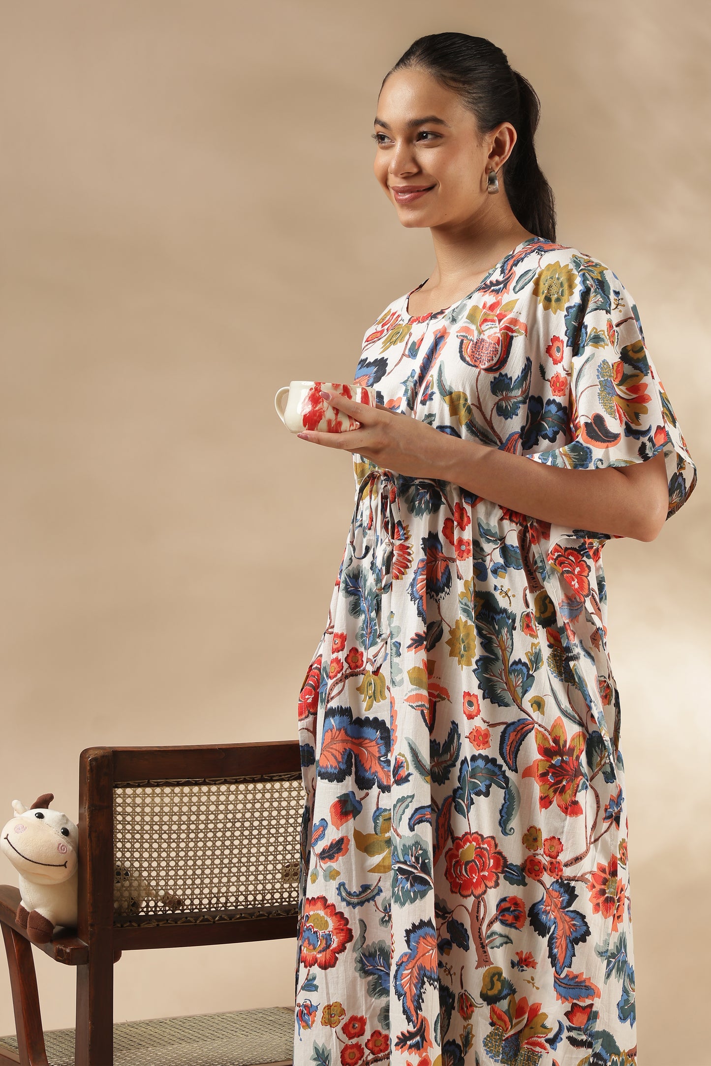 KAFTAN MATERNITY| 100% JAIPUR COTTON | INVISIBLE ZIP | ADJUSTABLE FIT | FREE SIZE| IVORY BLOOM