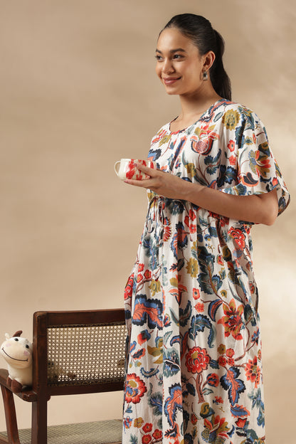 KAFTAN MATERNITY| 100% JAIPUR COTTON | INVISIBLE ZIP | ADJUSTABLE FIT | FREE SIZE| IVORY BLOOM