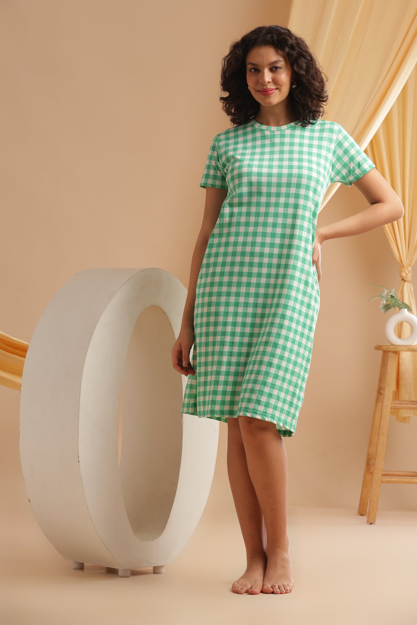 Luxe Long T-Shirt - Casual Comfort - Forest Gingham