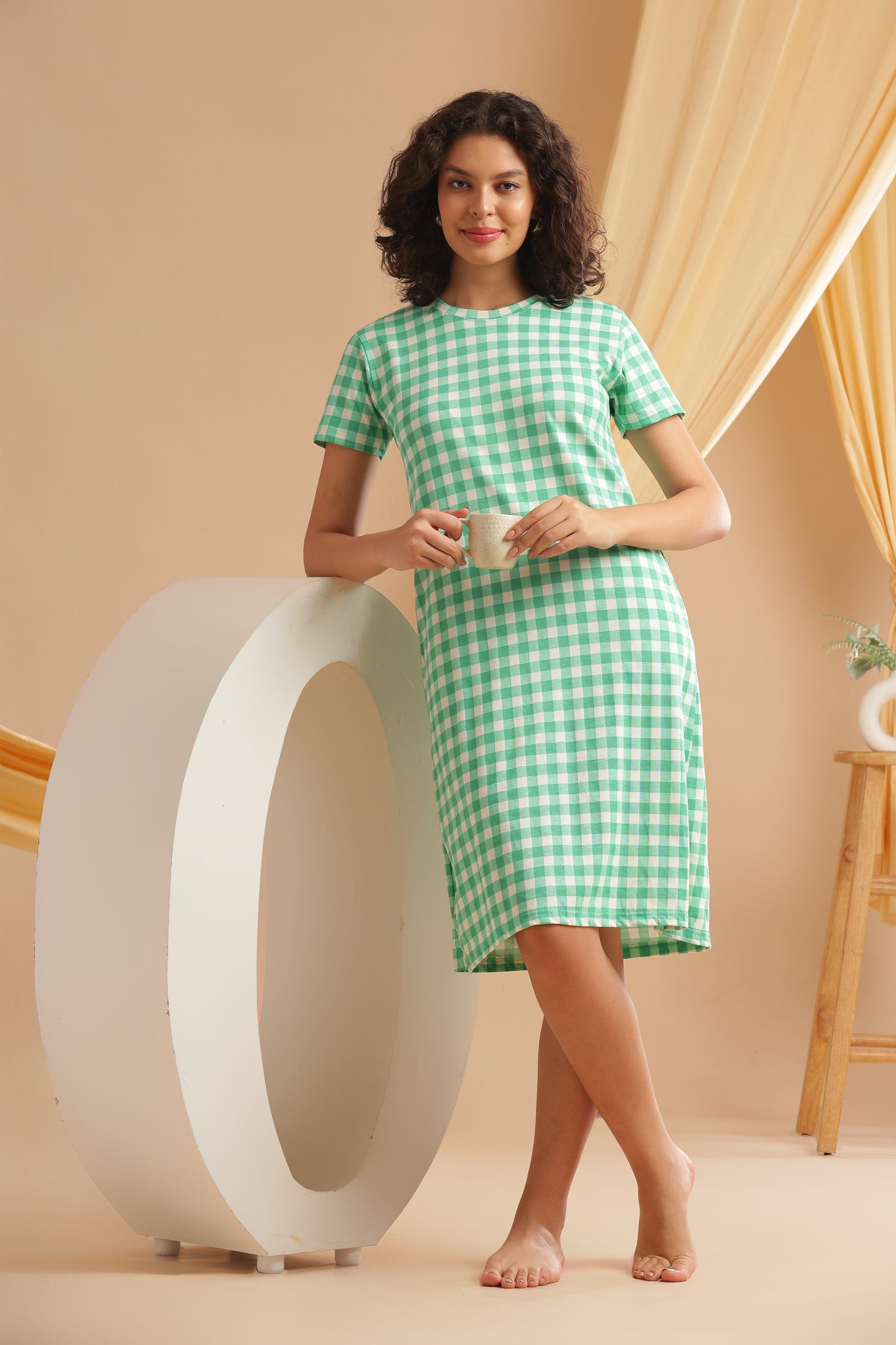 Luxe Long T-Shirt - Casual Comfort - Forest Gingham