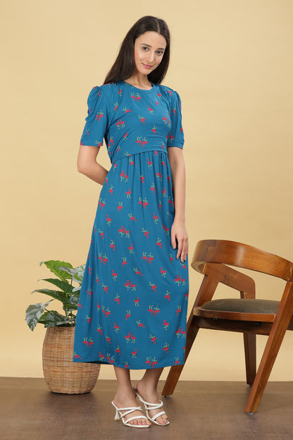 ZIPLESS MATERNITY WEAR PUFFSLEEVE - FLAMINGO FLOW MAXI