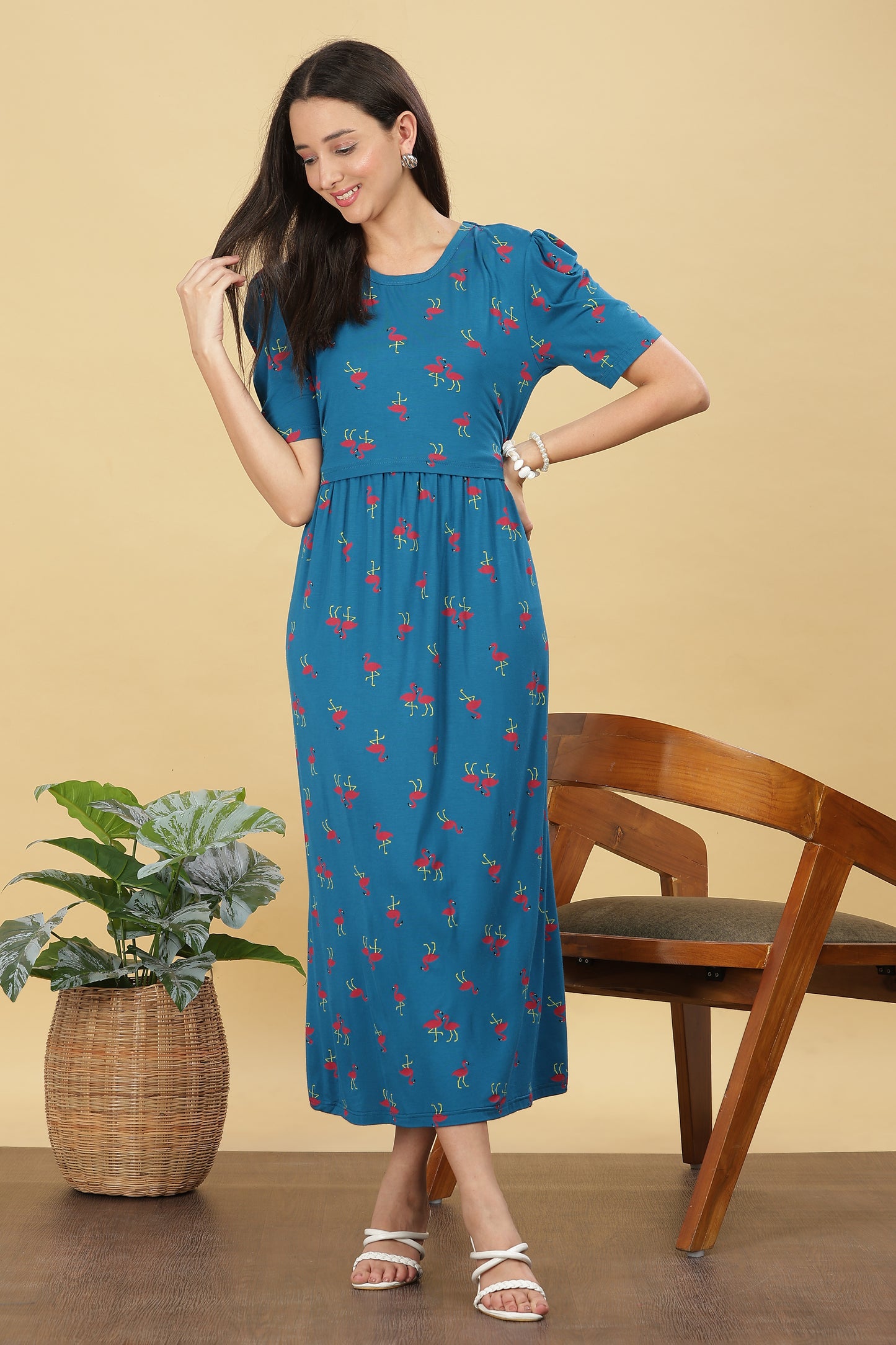 ZIPLESS MATERNITY WEAR PUFFSLEEVE - FLAMINGO FLOW MAXI