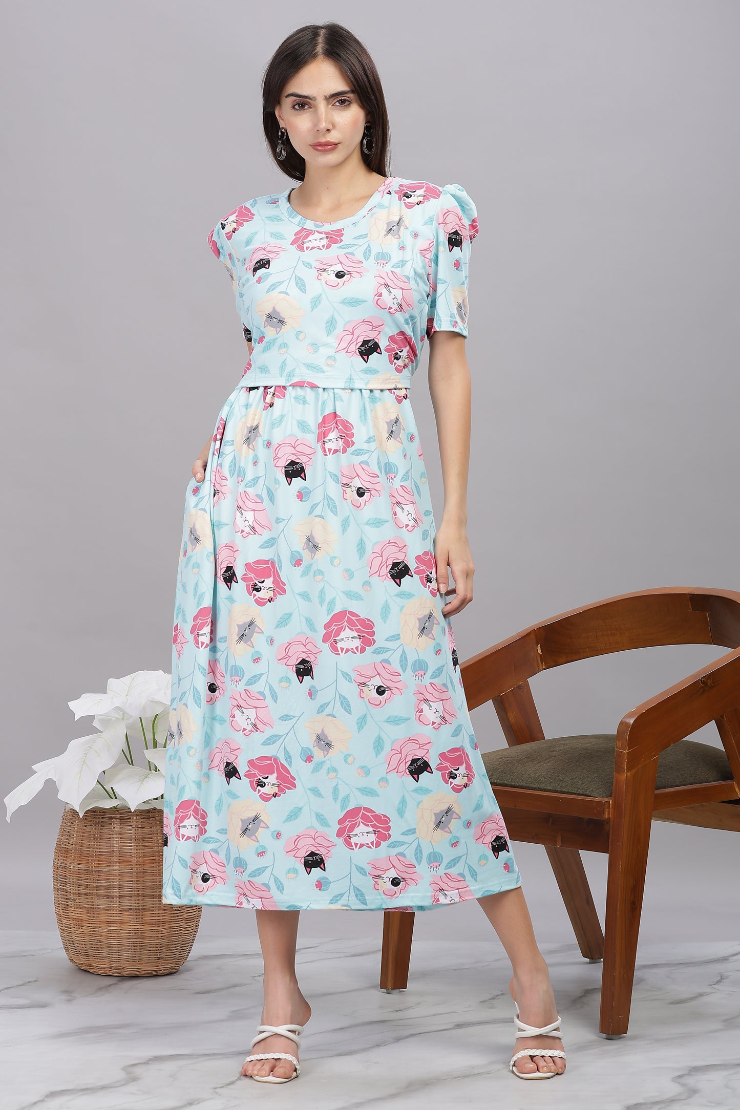 ZIPLESS MATERNITY WEAR PUFFSLEEVE - MEOW BLOSSOM ELEGANCE