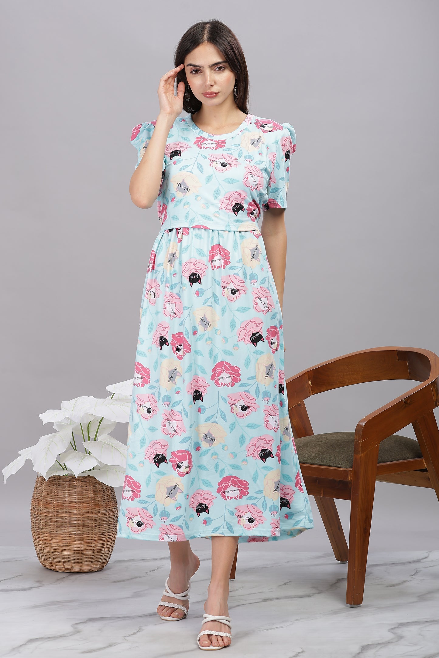 ZIPLESS MATERNITY WEAR PUFFSLEEVE - MEOW BLOSSOM ELEGANCE