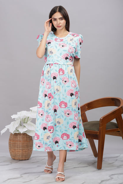 ZIPLESS MATERNITY WEAR PUFFSLEEVE - MEOW BLOSSOM ELEGANCE