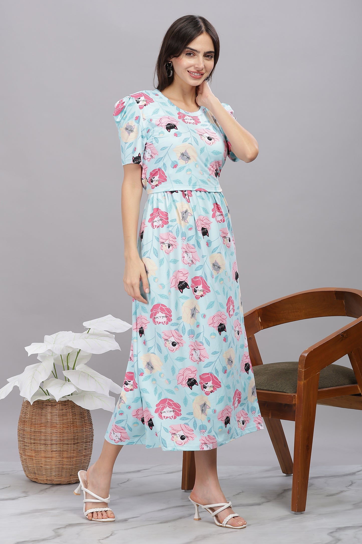 ZIPLESS MATERNITY WEAR PUFFSLEEVE - MEOW BLOSSOM ELEGANCE